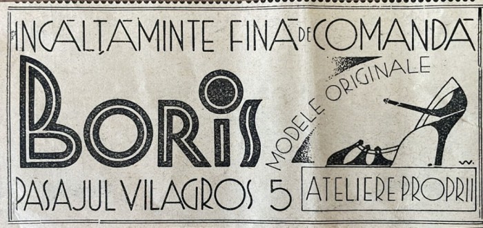 1931 Reclamă rom&acirc;nească Atelier BORIS &icirc;ncălțăminte fină Bucuresti interbelic Pasajul Vilagros Nr 5 mestesug Romania capitalista istoria modei pantofi
