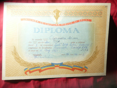 Diploma 1961 Uniunea Cultura Fizica si Sport RPR - Caprarescu Mircea - inot juni foto
