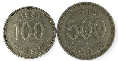 Coreea de Sud , lot 6 - 100 + 500 Won 1993 foto