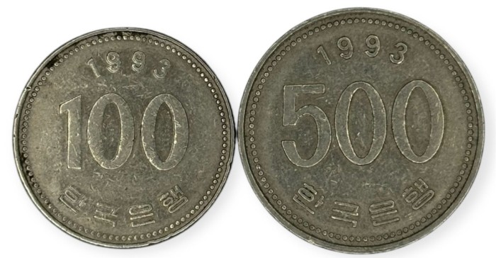 Coreea de Sud , lot 6 - 100 + 500 Won 1993