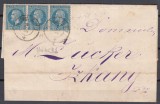 ROMANIA 1876 LP 39 e REGELE CAROL I EMISIUNEA BUCURESTI I STRAIF 3 TIMBRE 10 BANI ALBASTRU /PLIC CIRCULAT GALATI-ITCANI 1877, Stampilat