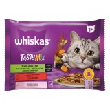 Hrana umeda pentru pisici, Whiskas Tasty mix, adult, vita, pasare si somon in sos, 4 plicuri x 85g