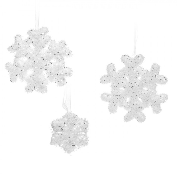 Set Fulgi de Zăpadă Crăciun, Spumă, Alb, 3 Bucăți, 15cm, 10.5cm, 4.5cm, Tinsel Argintiu