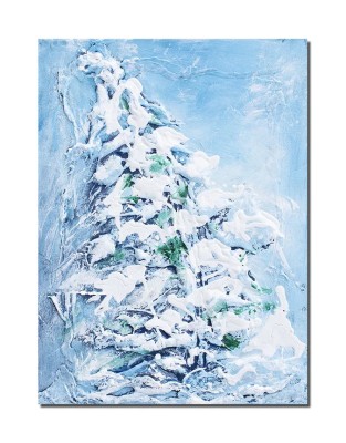 Tablou pictat manual, Peisaj de iarna, brad inzapezit, stilizat, 40x30cm acril pe panza in cutit efect 3D, Kenny Varniote foto