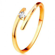 Inel din aur galben 14K - diamant transparent strălucitor, brațe subțiri alungite - Marime inel: 50