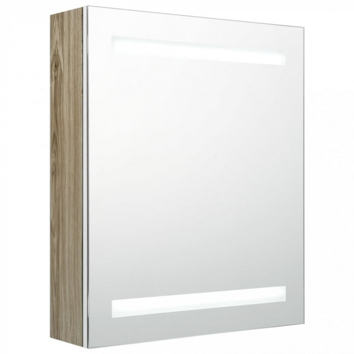 Dulap de baie cu oglindă și LED, alb și stejar, 50x14x60 cm