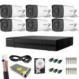 Sistem supraveghere complet Hikvision Turbo HD, Functii inteligente, 6 camere Bullet, 5MP, IR 40 m, HDD 1TB inclus, Vizualizare de pe mobil, Accesorii