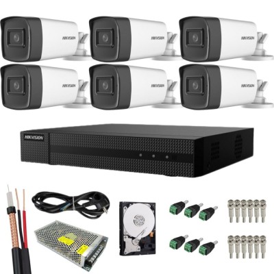 Sistem supraveghere complet Hikvision Turbo HD, Functii inteligente, 6 camere Bullet, 5MP, IR 40 m, HDD 1TB inclus, Vizualizare de pe mobil, Accesorii foto