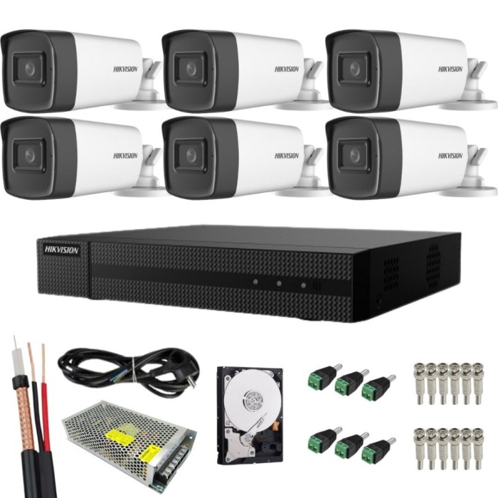 Sistem supraveghere complet Hikvision Turbo HD, Functii inteligente, 6 camere Bullet, 5MP, IR 40 m, HDD 1TB inclus, Vizualizare de pe mobil, Accesorii