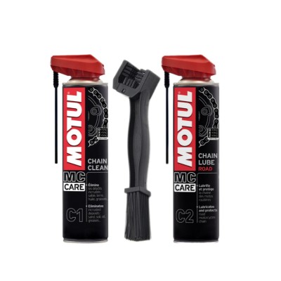 Kit intretinere Motul C1 Chain Clean 0.4L + Perie curatat lant + Motul C2 Chain Lube Road 0.4L foto