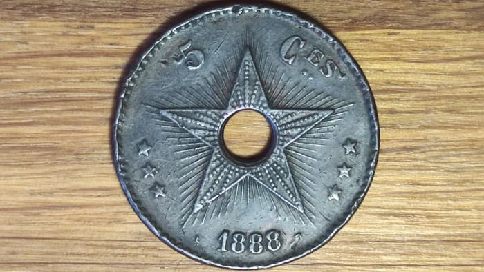 Congo Belgian - moneda de colectie coloniala rara - 5 centimes 1888/7 supradata - L&eacute;opold II - greu de gasit!