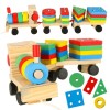 Puzzle din lemn cu locomotiva si 2 vagoane, blocuri colorate pentru invatarea formelor si culorilor, jucarie educativa pentru copii 3+, dezvoltare log