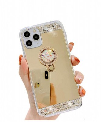 Husa silicon oglinda , inel si pietricele Iphone 12 Pro , Auriu foto