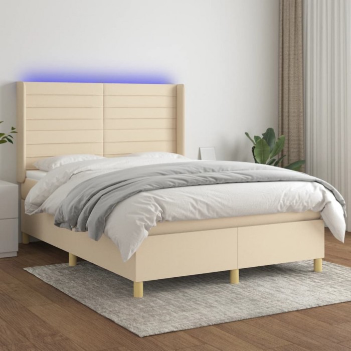 vidaXL Pat cu arcuri, saltea și LED, crem, 140x190 cm, textil 3138954