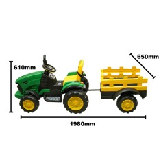 Tractor electric cu remorca pentru copii, telecomanda, baterie 12V 7Ah, lumini fata LED, verde-galben, 1980x650x610 mm, remorca 800x600x350 mm,