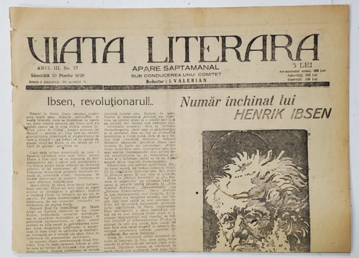 VIATA LITERARA , SUB CONDUCEREA UNUI COMITET , SAPTAMANAL , ANUL III , NR.77 , 10 MARTIE , 1928