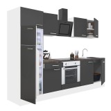 Mobilă de bucătărie Yorki 270, corp alb, față antracit satinat, element cuptor inferior, frigider congelator superior