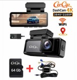 Camera Auto DVR 4K UHD dubla, Inclus Card 64GB + Kit 24 ore, Wi-Fi &amp; GPS, Display 3.2 inch