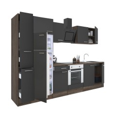 Mobilă de bucătărie Yorki 300, corp din stejar Yorki, față antracit satinat cu element cuptor inferior, frigider cu congelator superior