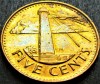 Moneda exotica 5 CENTS/ CENTI - Insulele BARBADOS, anul 2014 * cod 485 A, America de Nord