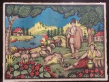 PM427N Litografie rom&acirc;nească de epocă cu cioban, perioada interbelică