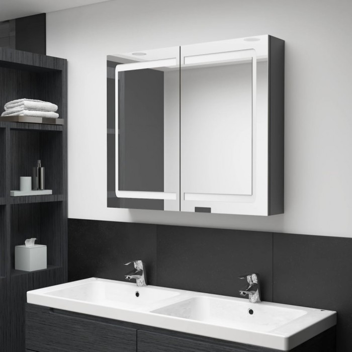 vidaXL Dulap de baie cu oglindă și LED, gri strălucitor, 80x12x68 cm 326514