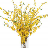 Cumpara ieftin Buchet de 4 ramuri de flori artificiale de forsythia, 100 cm, ideal pentru decorul floral al casei, galben cu frunze verzi, ramuri maro, aspect natura
