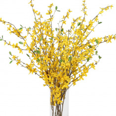 Buchet de 4 ramuri de flori artificiale de forsythia, 100 cm, ideal pentru decorul floral al casei, galben cu frunze verzi, ramuri maro, aspect natura