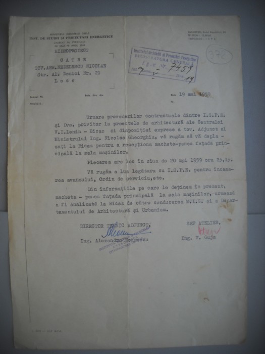 HOPCT DOCUMENT VECHI 372 INST DE STUDII PROIECTARI ENERGETICE BUCURESTI 1959