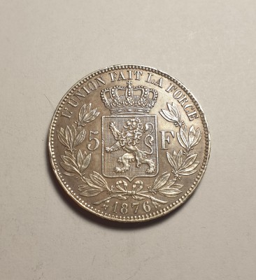 Belgia 5 Franci 1876 AUNC Superba Piesa de Colectie foto