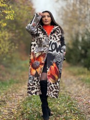 Palton dama lung negru cu imprimeu leopard si detalii florale