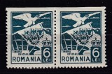 ROMANIA 1929 TIMBRE DE SERVICIU TIMBRU OFICIAL VULTUR CU STEAG SI STEME EROARE 6 LEI ALBASTRU-VERZUI PERECHE NEDANTELATA ORIZONTAL STARE MNH