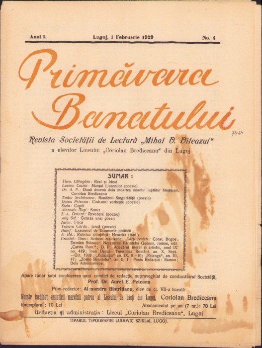 HST Z192 Primăvara Banatului 4/1929 Lugoj anul I