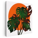 Tablou canvas ilustratie planta Monstera, verde, portocaliu 1300 Tablou canvas pe panza CU RAMA 100x100 cm