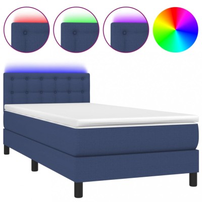 Pat cu arcuri, saltea si LED, albastru, 90x200 cm, textil foto