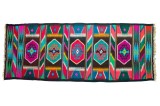Covor vintage din l&acirc;nă 389&times;160 cm, țesut la război, model geometric multicolor, cu franjuri