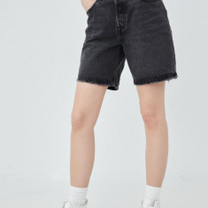 Levi's pantaloni scurti jeans femei, culoarea negru, neted, high waist