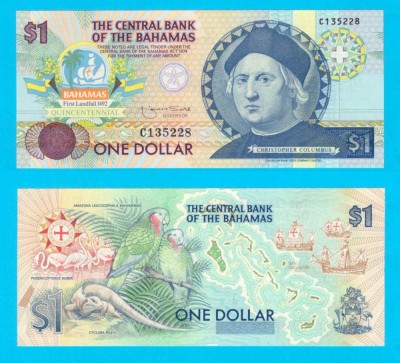 Bahamas (pick 50) 1 Dollar 1992 UNC serie: C135228 Comemorativă: Columb foto