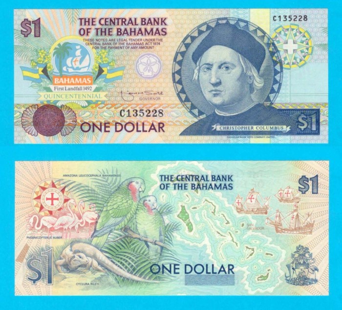 Bahamas (pick 50) 1 Dollar 1992 UNC serie: C135228 Comemorativă: Columb
