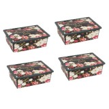 Set 4 cutii de depozitare cu capac, model floral, plastic, 25 l