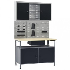 Banc de lucru cu trei panouri de perete si un dulap foto