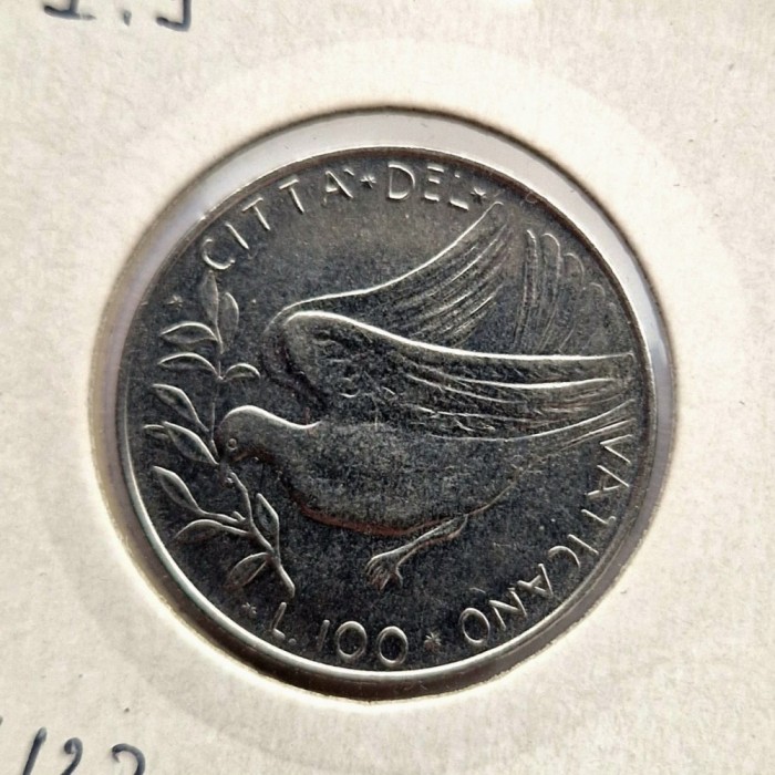 Vatican 100 Lire 1975 moneda necirculata UNC otel km # 122 tiraj mic rara Paul VI