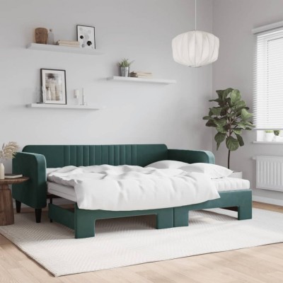 vidaXL Pat de zi cu extensie și saltele verde &amp;icirc;nchis 90x200 cm catifea 3197089 foto
