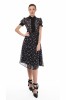 Rochie midi tip camasa T&#039;esha, voal fin, maneca scurta, imprimeu floral, volane negre, fabricata in Romania