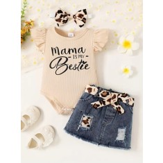 Set body crem cu inscriptie si fustita denim pentru fetite (Marime Disponibila: