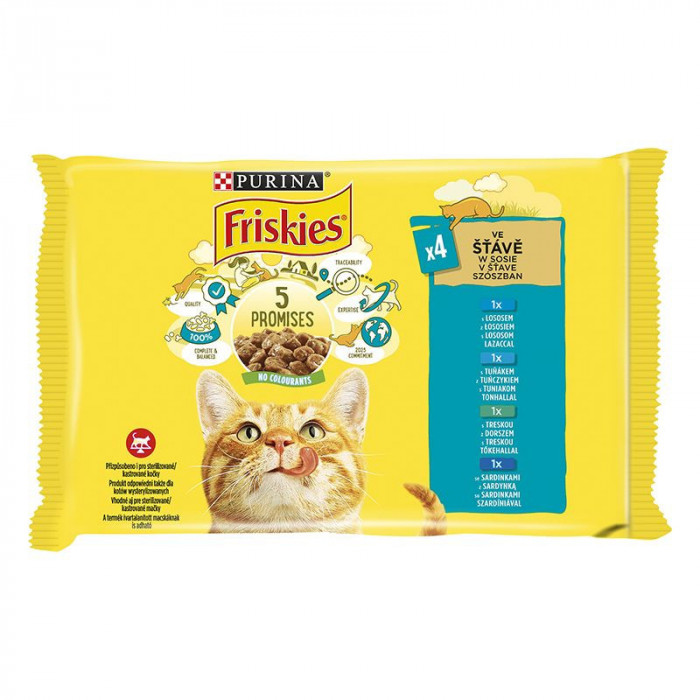 Friskies hrană pentru pisici la plic - somon, ton, sardine și peşte cod &icirc;n sos 4 x 85 g