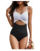 Costum de baie intreg pentru femei PONCEAU, Control pe burta cu talie inalta, alb negru, 2XL - OUTLET