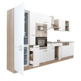 Mobilier de bucătărie Yorki 370, cu corp din stejar Sonoma și fațade albe cu finisaj satinat, cu frigider cu congelator &icirc;n partea de jos, fără blat de