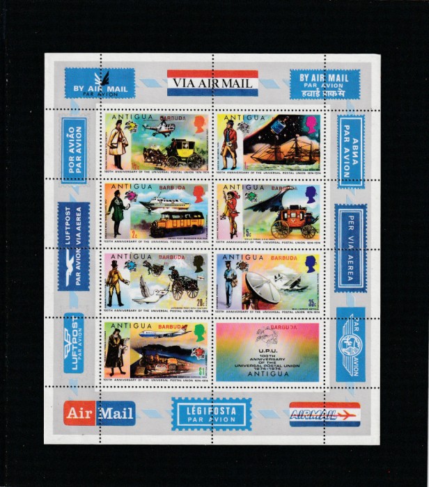 Antigua si Barbuda 1974-U.P.U.,Centenar,bloc 7 valori dantelate,MNH,Mi.Bl.6