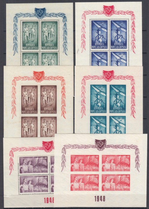 ROMANIA 1948 LP 249 a O.S.P. DANTELAT SI NEDANTELAT BLOCURI DE 4 MNH